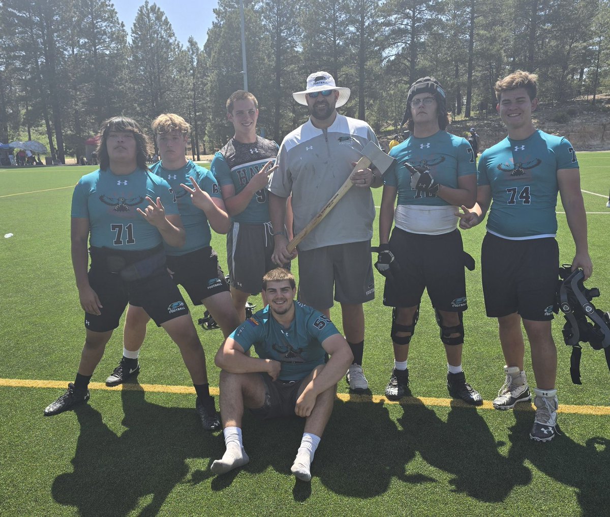HighlandHawksFB's tweet photo. The big guys did it again!! For the 2nd straight tournament, Highland won the big man competition, this time taking home the Golden Axe up at @NAU_Football! https://t.co/lm0Htt02NW