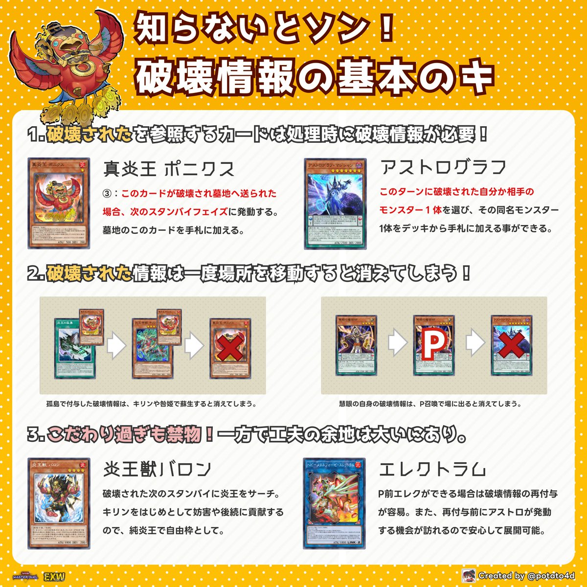 【ルール解説】
環境デッキでなにかと必要になる「破壊情報」の基本を紹介！
炎王やペンデュラムなど、破壊された情報を後で参照するカードたちは処理時に情報が残っている必要があります。
知らないと落とし穴にハマるので使用者は要チェック🔍

制作: potato4d(<a href="/potato4d/">potato4d/Takuma HANATANI</a>)
#遊戯王マスターデュエル