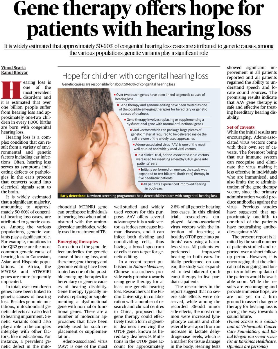1-2 in 1000 children suffer from hearing loss at birth, significantly contributed by genetic defects in over a dozen genes. Gene therapy could offer them a promise for sound future.  
<a href="/RcBHOYAR/">RAHUL BHOYAR</a> and I write in <a href="/the_hindu/">The Hindu</a>

Read the full text here  epaper.thehindu.com/ccidist-ws/th/…