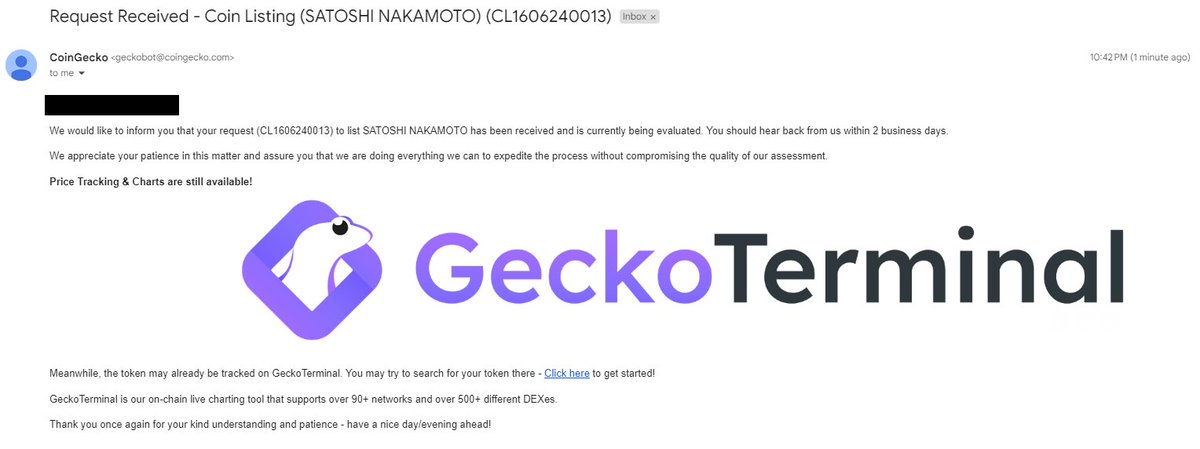 The application for listing on @CoinGecko has been submitted!

Request: CL1606240013

<a href="/GeckoTerminal/">GeckoTerminal</a>: geckoterminal.com/solana/pools/9…

For further verification, contact @Satoshithecreatorbtc on Telegram.