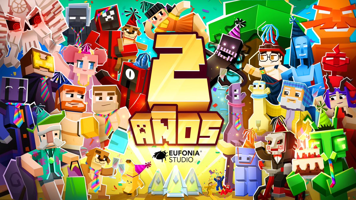 Estamos de fiesta!🎉🎈 

Hoy 15 de Junio de 2024 cumplimos 2 años oficialmente como Eufonia Studio y 9 años de crear contenido en Minecraft. 

Mil gracias a todos🪲🫶
