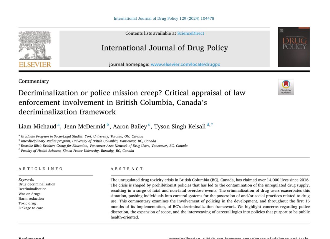 International Journal of Drug Policy (@ijdrugpolicy) on Twitter photo “Decriminalization or police mission creep? Critical appraisal of law enforcement involvement in British Columbia, Canada's decriminalization framework” by @liam_michaud, <a href="/jenn_mcdermid/">Jenn McDermid</a>, @Aaron_R_Bailey, & <a href="/tyssingh/">tyson singh kelsall ਟਾਈਸਨ ਸਿੰਘ</a> (2024) via <a href="/ijdrugpolicy/">International Journal of Drug Policy</a>
Link: sciencedirect.com/science/articl… “Decriminalization or police mission creep? Critical appraisal of law enforcement involvement in British Columbia, Canada's decriminalization framework” by @liam_michaud, <a href="/jenn_mcdermid/">Jenn McDermid</a>, @Aaron_R_Bailey, & <a href="/tyssingh/">tyson singh kelsall ਟਾਈਸਨ ਸਿੰਘ</a> (2024) via <a href="/ijdrugpolicy/">International Journal of Drug Policy</a>
Link: sciencedirect.com/science/articl…