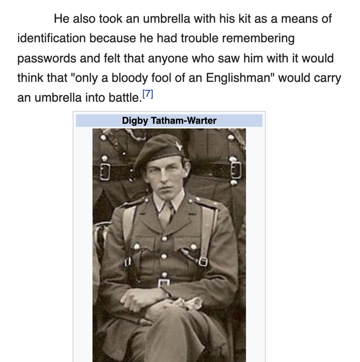 depthsofwiki's tweet photo. reading about this WWII soldier (with possibly the world's most British-sounding name) famous for bringing umbrellas into battle and really using them https://t.co/xndT0GZRjb