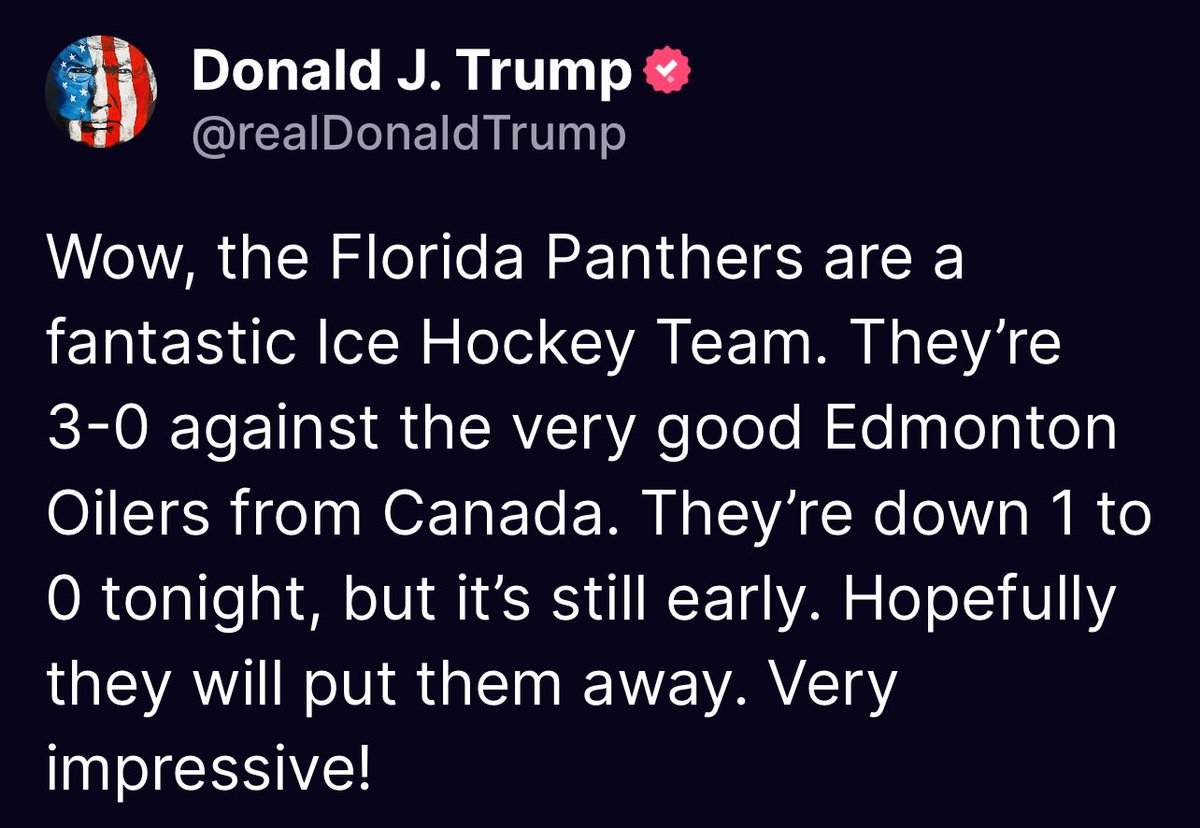 Wow, the Florida Panthers are a fantastic Ice Hockey Team. They’re 3-0 against the very good Edmonton Oilers from Canada. They’re down 1 to 0 tonight, but it’s still early. Hopefully they will put them away. Very impressive!

Donald Trump Truth Social 09:01 PM EST 06/15/24