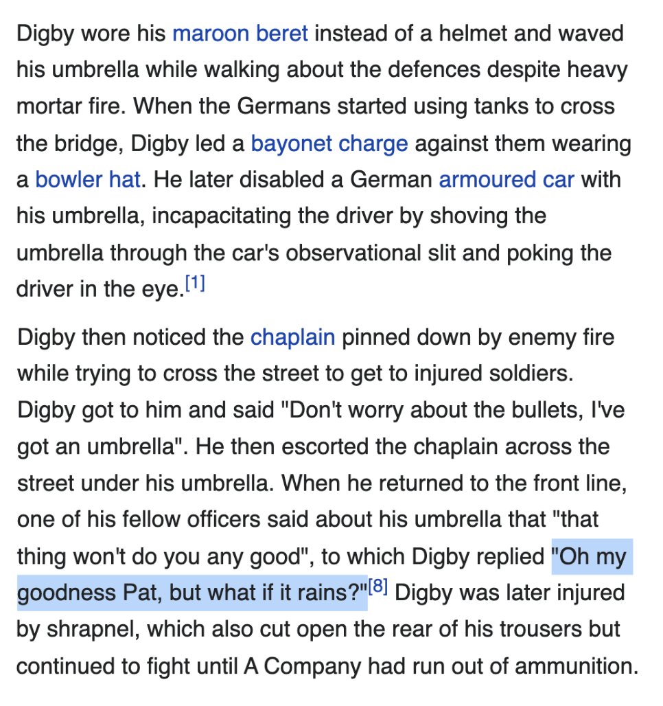 depthsofwiki's tweet photo. reading about this WWII soldier (with possibly the world's most British-sounding name) famous for bringing umbrellas into battle and really using them https://t.co/xndT0GZRjb