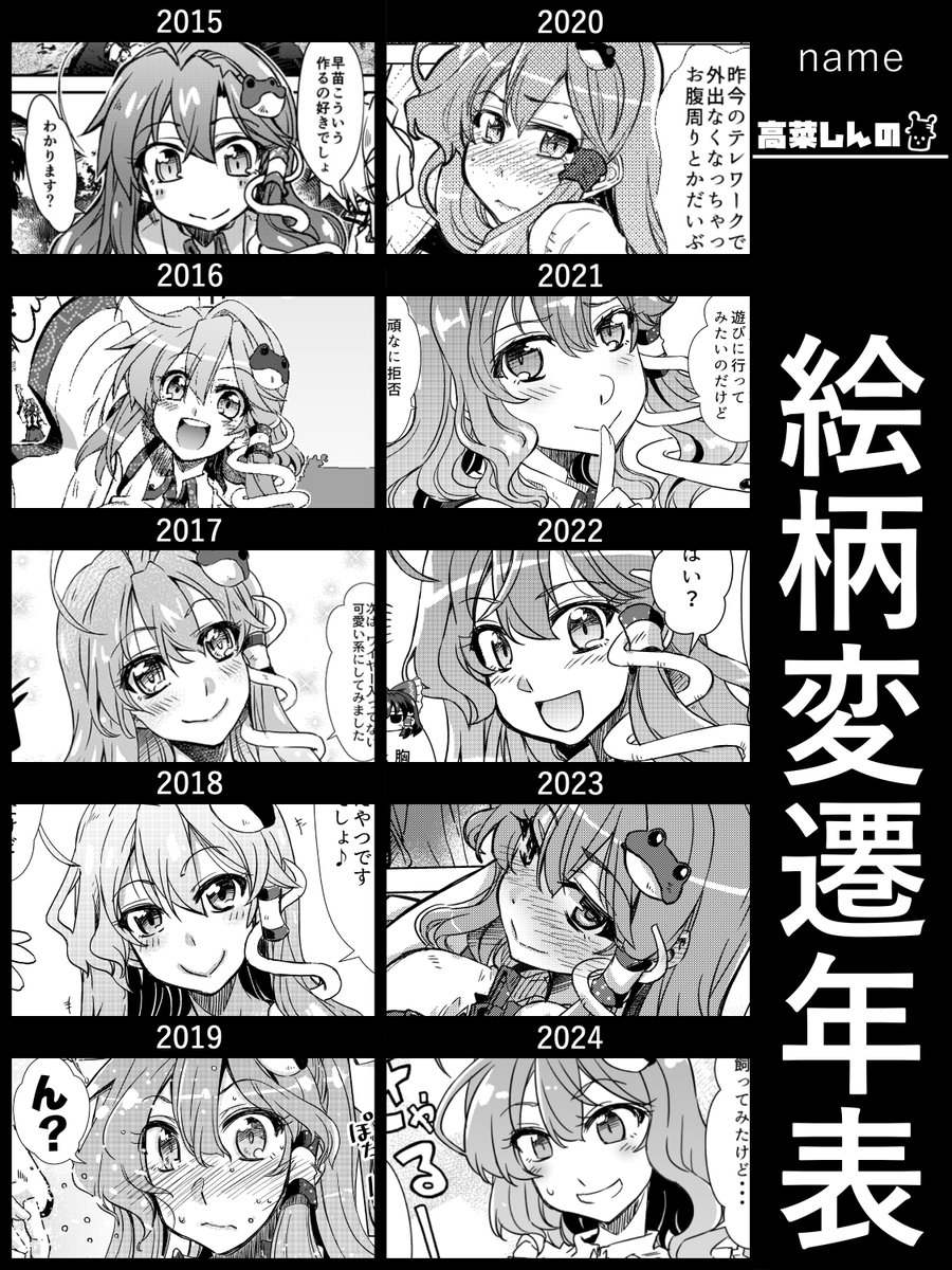 絵柄変還年表
10年絵柄も作風もほぼ変化がない安心の高菜しんのでございます!ヽ( `Д')ノ 