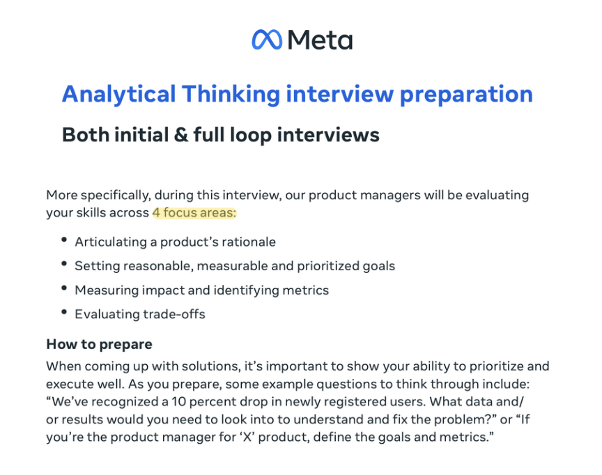 I got my hands on how Meta evaluates PMs in its new "Analytical Thinking" interview.

It is a rebrand of the old 'Product Execution' interview.

The giveaway is the question examples:

"We've recognized a 10% drop in newly registered users, what data and/or results would you need