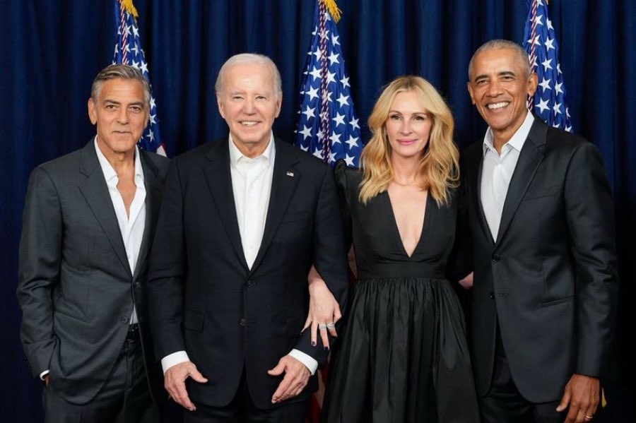 Julia Roberts and George Clooney, co-chairs of the big Biden fundraiser in LA, with Presidents Biden and Obama.