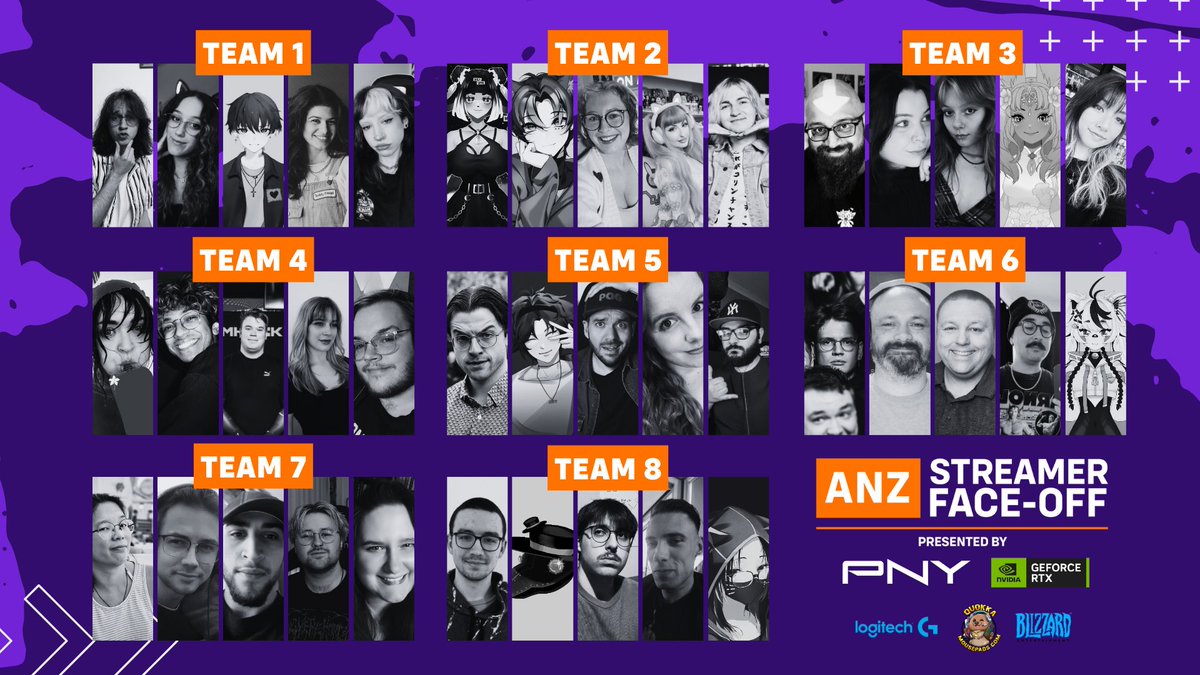ANZFaceOff's tweet image. The PNY #ANZFaceOff teams have been announced! Look at all of these lovely faces who will battle it out in this epic #Overwatch 2 tournament!
(see thread for names)