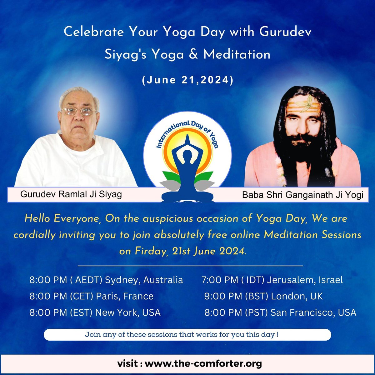 Celebrate International Yoga Day by joining entirely FREE group meditation series.
Sessions begin on Friday, 21 June 2024.
Join via Google-Meet. Code : zcp-yfwj-doo.
#InternationalDayofYoga2024 
#IYD 
#InternationalYogaDay
#Narendramodi 
#Meditation 
#SiddhaYoga