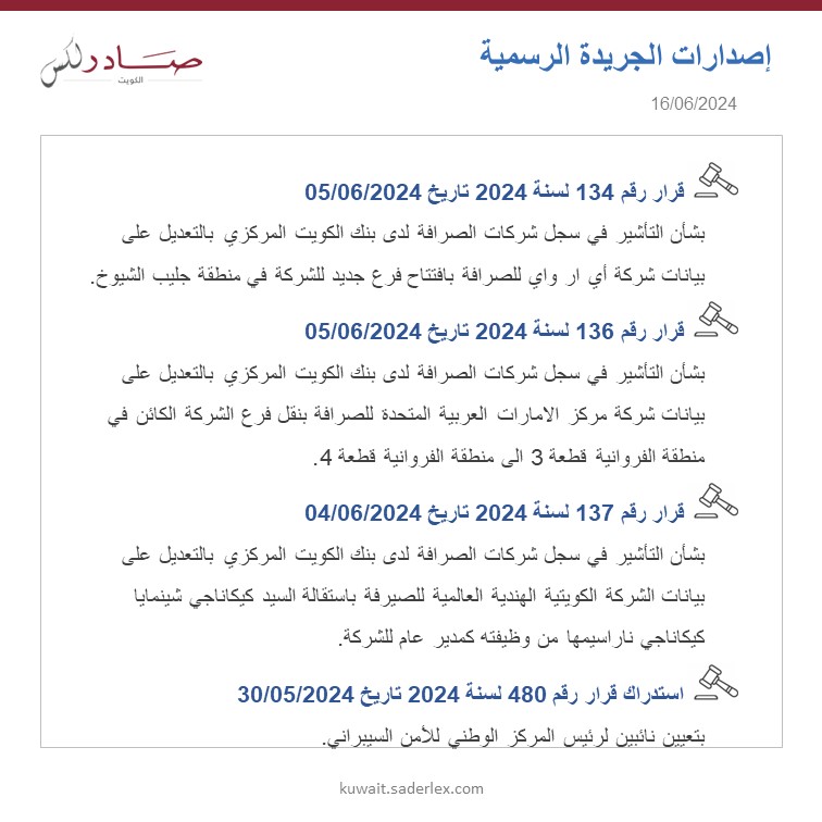 SADERLexKuwait's tweet photo. تابع...
اصدارات الجريدة الرسمية العدد 1691/2024 تاريخ 16/06/2024 #SADER1863 #SADERLexKuwait #LawsOfKuwait #KuwaitLaws #OfficialGazette1691 #كويت_اليوم #اصدارات #قوانين_الكويت #جريدة_رسمية_1691 https://t.co/ViAvFjYW2w