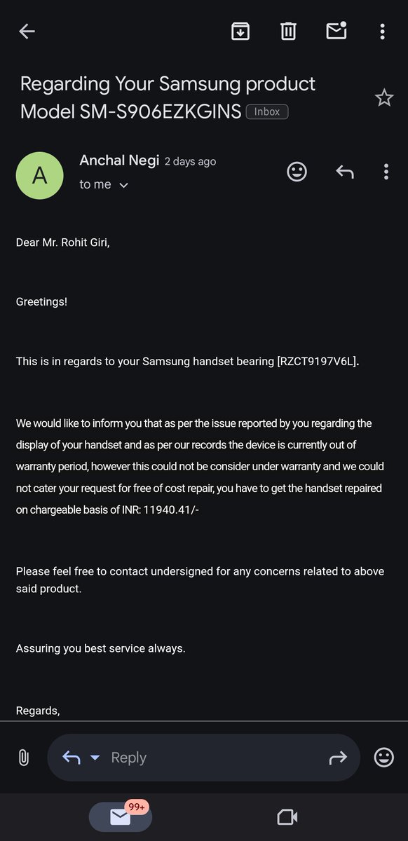 itsrohitgiri's tweet photo. This is what I received after 10 days follow up.🫠
@SamsungIndia @tarunvats33 @samsung https://t.co/iMA445fgfj