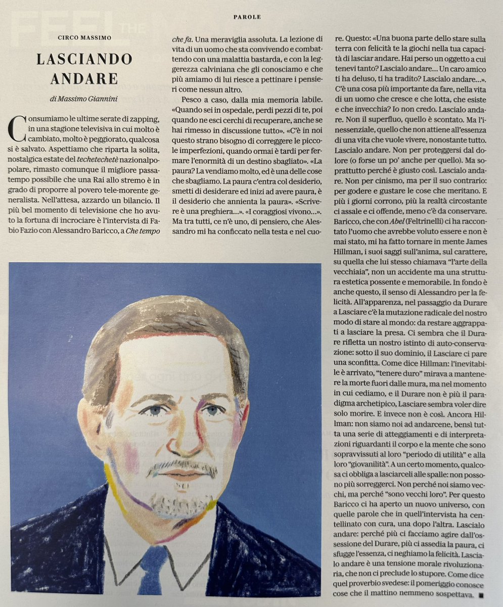 MassimGiannini's tweet photo. “Lasciamo andare le cose della vita che non meritano la nostra infelicità: è di @bariccoale la più bella lezione di un anno di tv”: la mia rubrica su “d” di @repubblica https://t.co/KKb1RQXXPn