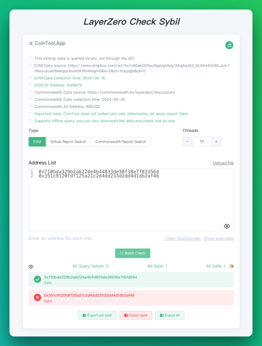 cointool's tweet photo. Update Tool - LayerZero batch Sybil query

🔗 https://t.co/pMQ1Vu6TRZ

Supports offline query

All Sybil Address: 2160743

#LayerZero #L0