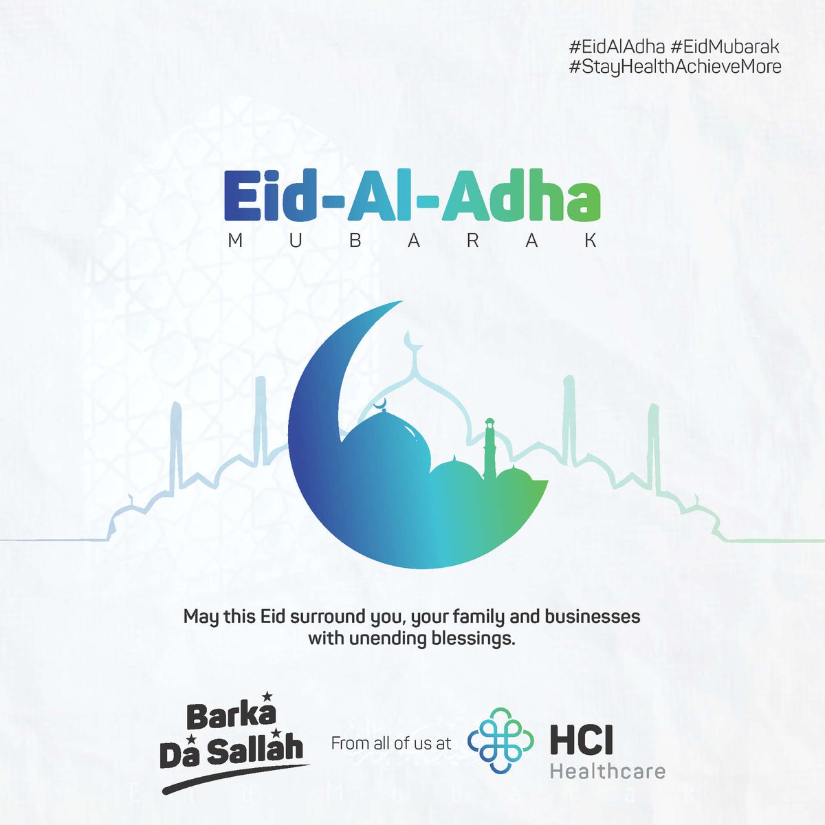 HealthcareIntl_'s tweet photo. Happy Eid-Al-Adha! 

May this Eid surround you, your family and businesses with ending blessings. 

Barka Da Sallah from all of us @hcihealthcarehmo 

#barkadasallah #eidmubarak #eidaladha #hcihealthcarehmo #stayhealthyachievemore https://t.co/CSojVMUYZ1