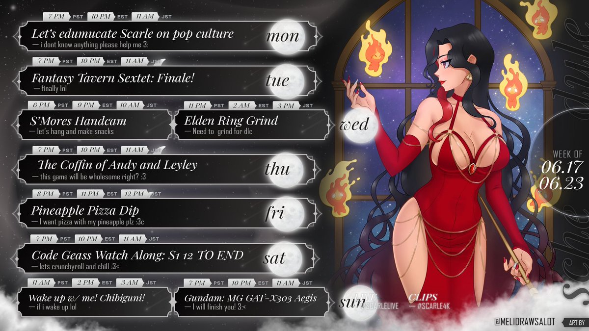 ScarleYonaguni's tweet photo. 🖤🎀Schedule: 06/17- 06/23🎀🖤
🌙Hashtags🌙
💋General: #ScarleYonaguni
💋Live: #ScarleLive
💋Art: #ScarleArt
💋NSFW: #ScarleLewd
💋Clips: #Scarle4k
💋Assets: #ScarleAssets
sched temp by: @/saurawr_ https://t.co/q9vtOaJpMA