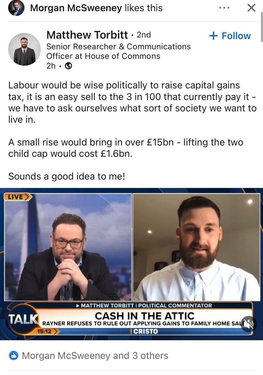 tomhfh's tweet photo. Labour’s campaign manager and the man behind Keir Starmer’s leadership strategy - Morgan McSweeney - just liked this interesting LinkedIn post in favour of a £15 BILLION tax hike. https://t.co/2Q7ojEzICc