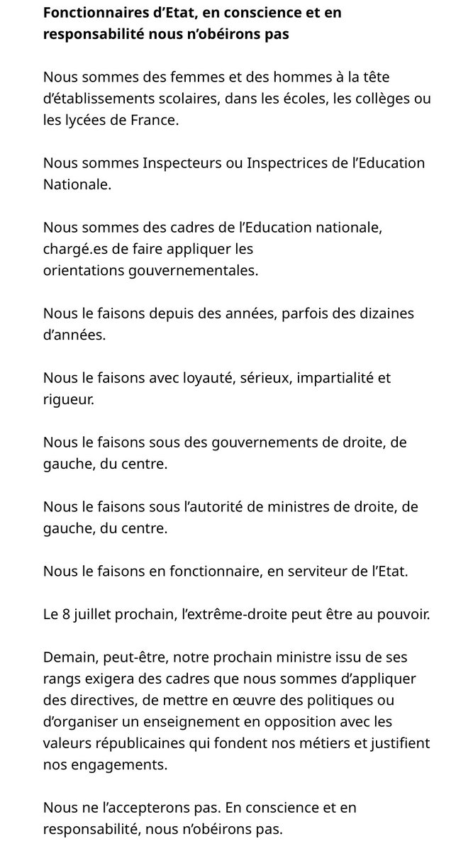 « En conscience et en responsabilité, nous n’obéirons pas » : plus de 200 cadres de l’Education nationale ont d’ores et déjà annoncé leur intention d’entrer en résistance pour défendre la République contre l’extrême-droite change.org/p/cadres-de-l-…