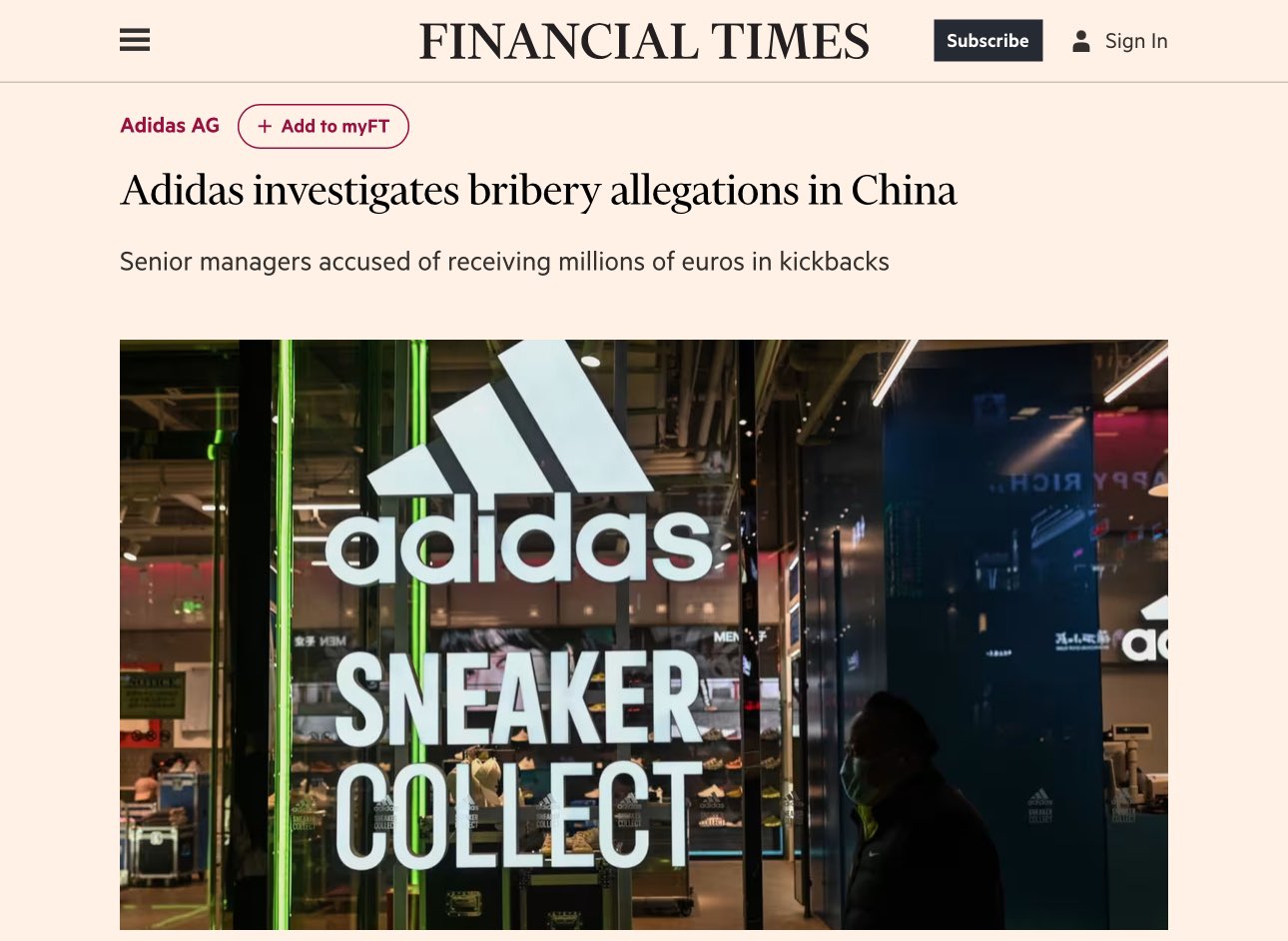 Byron Wan on X Adidas has launched an investigation into allegations of large scale bribery in China after the sportswear maker received a whistleblower complaint on June 7 accusing senior staff of
