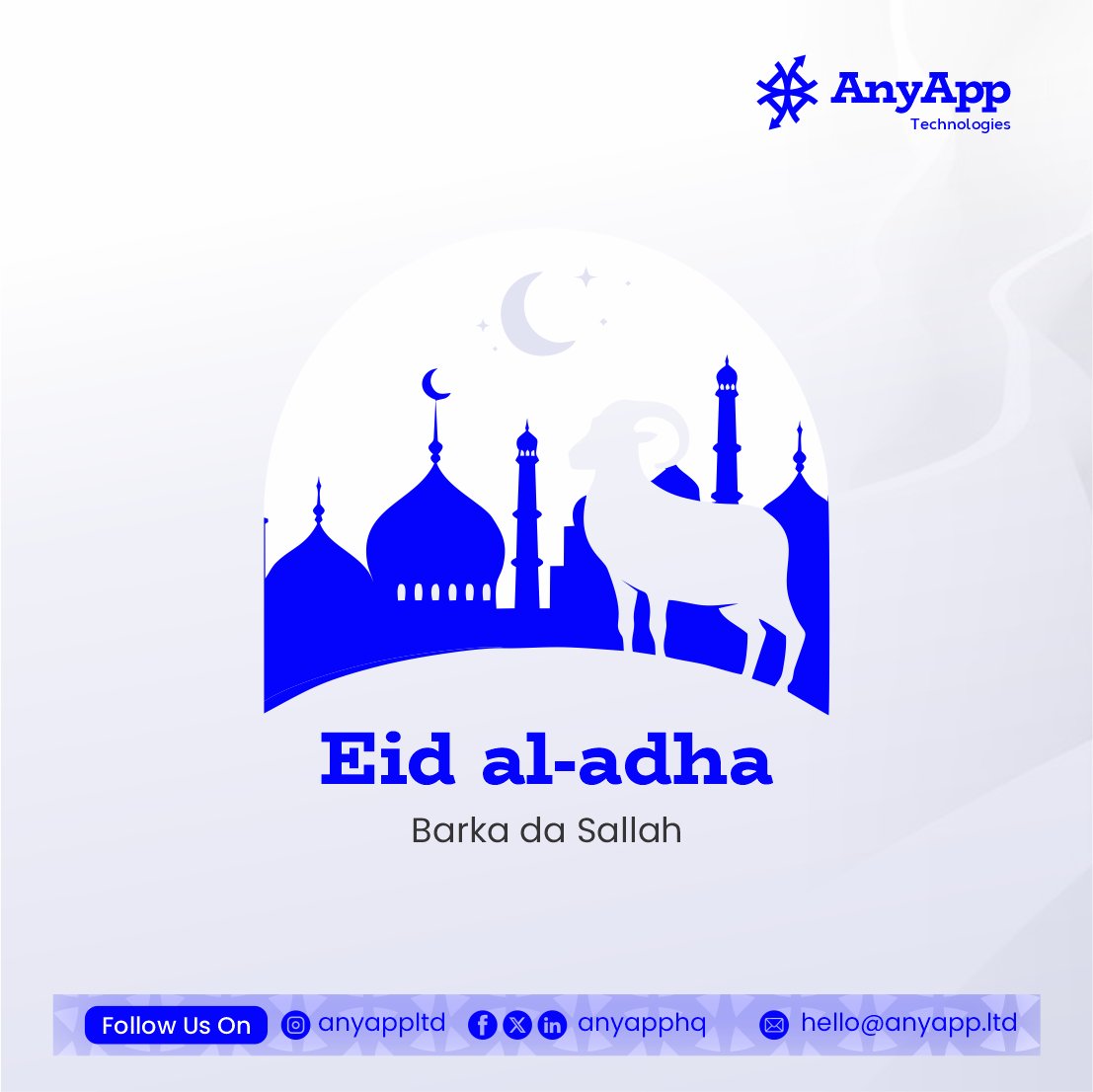 AnyTechHQ's tweet photo. Celebrate the spirit of sacrifice and unity this Eid al-adha. May your lives be filled with peace, joy, and blessings. 
#EidAlAdha #BarkaDaSallah2024 https://t.co/FVg8rJnJyd