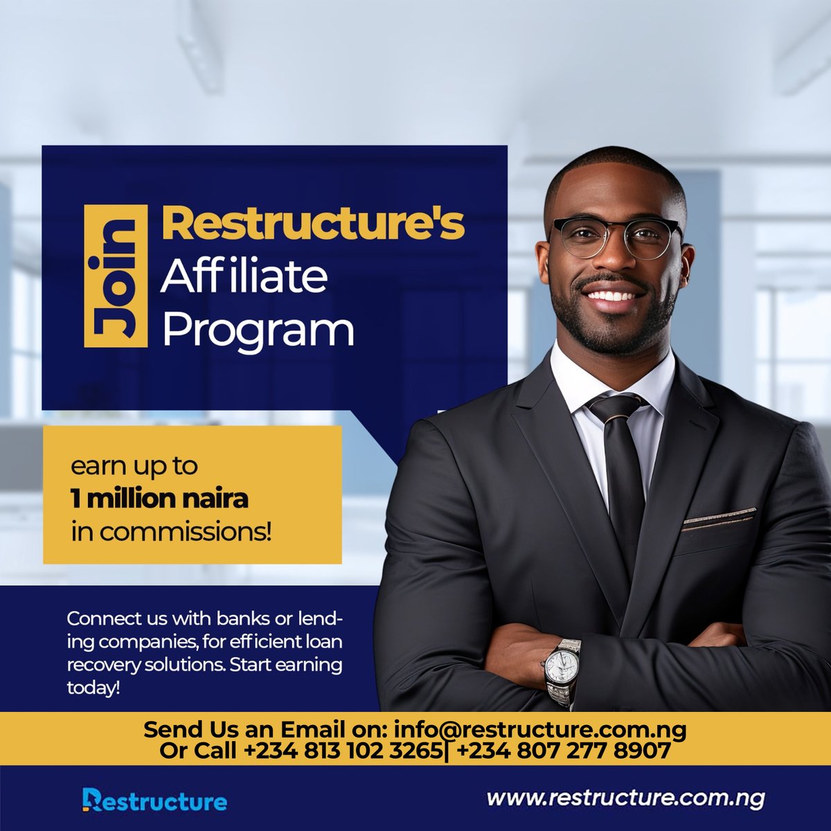 RestructureHq's tweet photo. Join our affiliate program and connect us with banks and lending companies for their loan recoveries. 

Earn lucrative commissions up to #1million by helping us expand our reach.

Interested? Send us an email at info@restructure.com.ng to get started!

#AffiliateWithRestructure https://t.co/5XwnOdZKdt