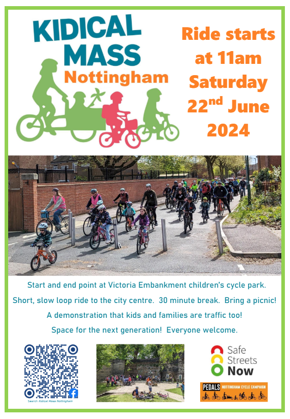 nsatnotts's tweet photo. The next #KidicalMassNottingham is taking place on Saturday 22nd June leaving at 11am from Victoria Embankment Children's Cycle Park.  Hope you can make it! https://t.co/hM9dTVunq3