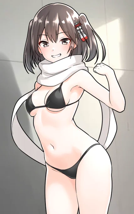 #梅雨だけど水着イラスト貼ってけ黒ビキニ川内(マフラーは外さない) 