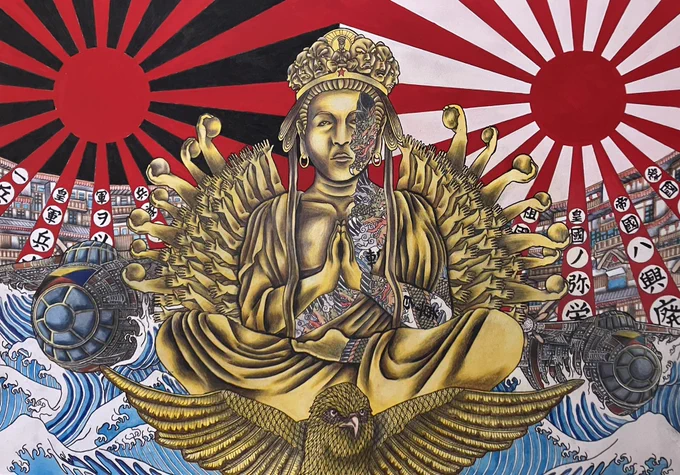 完成しました大体は三原色ベースにして、強い日本をイメージしております!!皇国の弥栄を常にお祈り致しております、愛国心を絵にたっぷり入れました日本民族は皇国無窮を常に祈り、最大限の力を発揮できる。そんな国を目指してこれからも活動を続けます!!! 