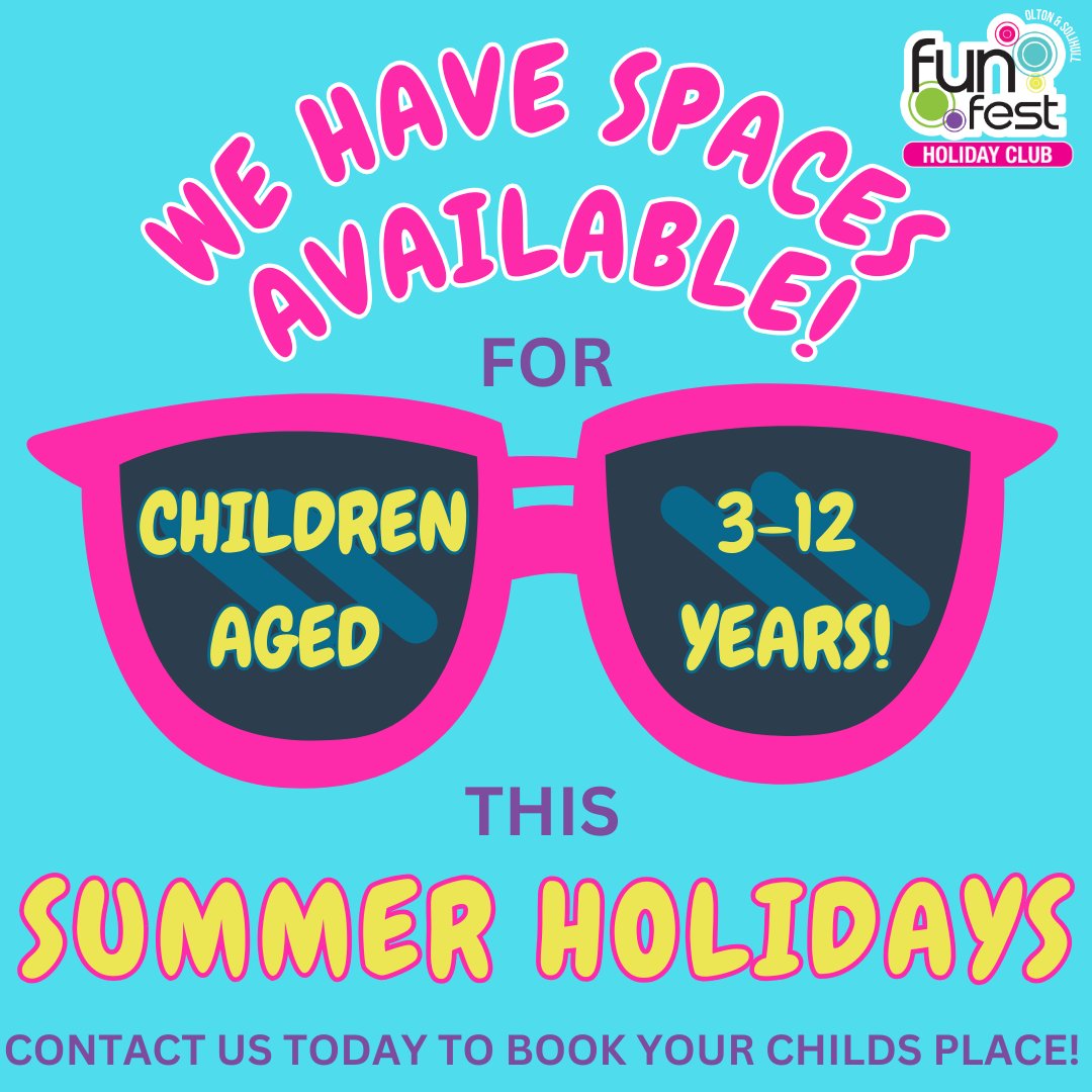 fest_fun's tweet photo. 🌞🎉WE HAVE SPACES AVAILABLE! 🎉🌞

Looking for the perfect summer holiday club for your child? Look no further! 

Fun Fest Olton &amp; Fun Fest Solihull has spaces available for our Summer Holiday Club, catering to children aged 3-12 years. 🌈👧👦 https://t.co/Ab1WDlKMFR