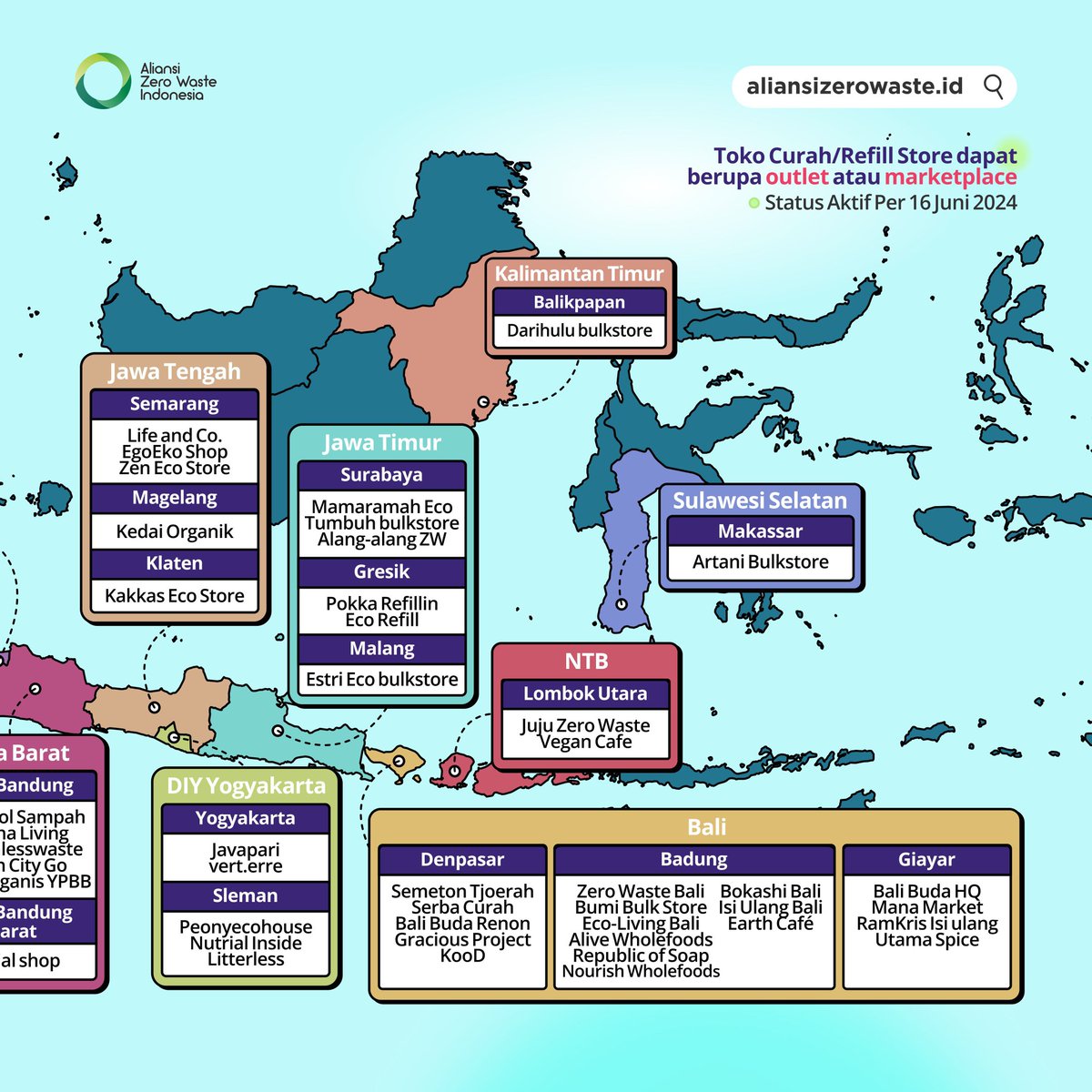 AZWIndonesia's tweet photo. Happy #WorldRefillDay! 

Dalam rangka merayakan World Refill Day, AZWI mencoba untuk membuat peta sebaran toko refill (curah) yang ada di Indonesia. 
Semoga informasi di atas dapat digunakan untuk mendukung gerakan pengurangan plastik sekali pakai dan menuju transisi guna ulang! https://t.co/9PTCgoF8qG