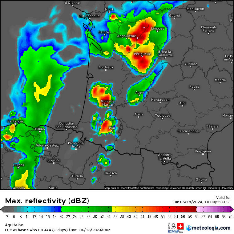 ExtremeMeteo's tweet photo. Il est probable qu'une virulente dégradation orageuse concerne le sud-ouest notamment la Nouvelle Aquitaine mardi en fin de journée avec tous les risques associés :
- Pluies diluviennes (fort contenu en eau précipitable)
- Activité électrique intense
- Supercellules avec potentialité de grêle de plus de 8 cm de diamètre 
- Rafales de vent descendantes de 100 km/h environ
- Risque tornadique

Le centre-ouest, le centre et le nord-est pourront être concernés par des orages également.

Difficile d'en dire davantage pour l'heure.