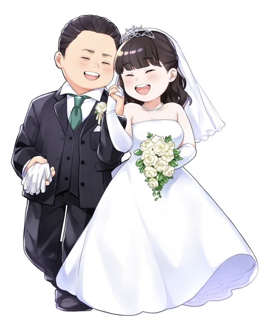happy wedding 最近描いたご結婚お祝いイラストです! 実在の人物に似せつつデフォルメして描くことが得意です お二組とも、末永くお幸せに