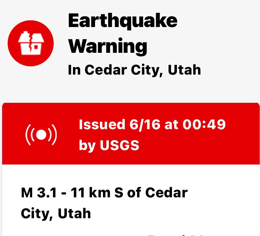 SWUtahWxSpotter's tweet photo. 🚨Earthquake Warning🚨 Cedar City, Utah— 3.1 Magnitude Earthquake reported south of #cedarcityutah #earthquake #utwx #weather #newsflash #utah https://t.co/z2cB4jUSLl