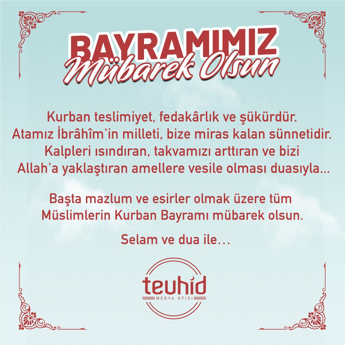 Kalpleri ısındıran, takvamızı arttıran ve bizi Allah'a yakınlaştıran amellere vesile olması duasıyla...

Mazlum ve esirler başta olmak üzere tüm Müslimlerin Kurban Bayramı mübarek olsun.

#KurbanBayramımızMübarekOlsun