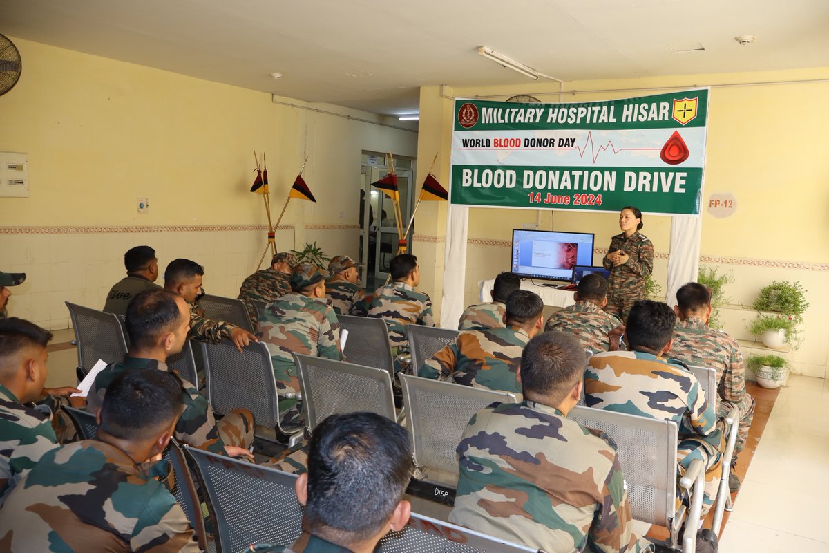 SWComd_IA's tweet photo. ONCE A BLOOD DONOR, ALWAYS A LIFE SAVER

Celebrating the #WorldBloodDonor's Day,  #DotOnTarget Division of #SaptaShaktiCommand organised a #BloodDonation drive on 14 Jun in which 56 units  of blood was donated by troops and families of #HisarMilitaryStation. 

#donatebloodsavelives
#IndianArmy
#SaptaShaktiCommand 
#DotOnTargetDivision 
@adgpi