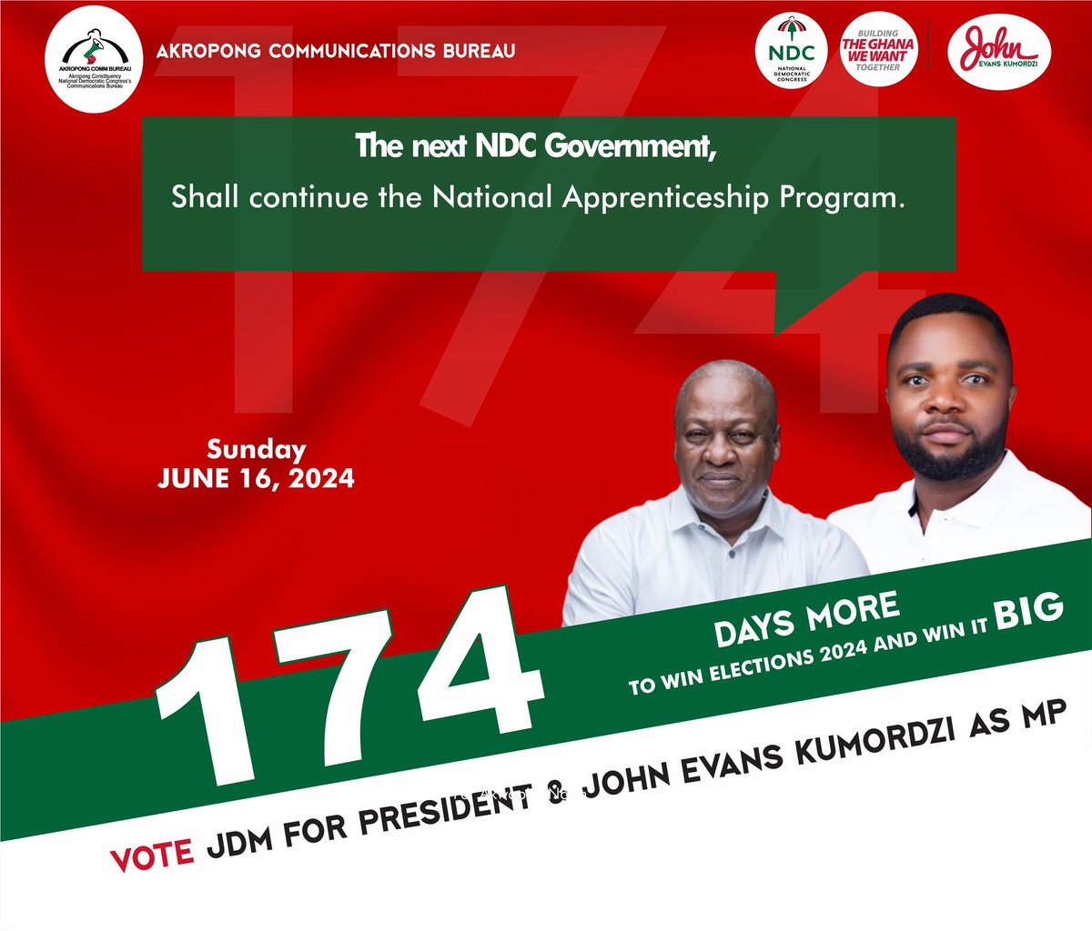 NdcComm's tweet photo. Sunday, 16th June 2024

Happy Father’s Day to all fathers and future fathers. It is a significant responsibility we carry.
The next NDC government is poised to successfully implement the 24-hour economy policy. With only 174 days remaining, let’s stay hopeful and optimistic. https://t.co/HFidtjffE5