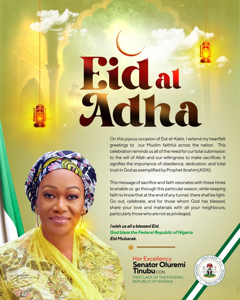 On this joyous occasion of Eid-el-Kabir, I extend my heartfelt greetings to  our Muslim faithful across the nation.
 
This celebration reminds us all of the need for our total submission to the will of Allah and our willingness to make sacrifices. It signifies the importance of