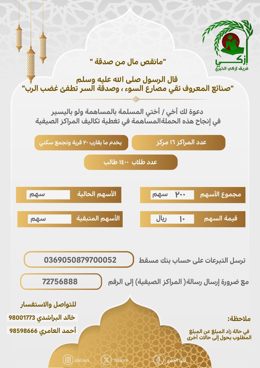 *قال تعالى "ما نقص مالٌ من صدقةٍ"*

دعوة في هذه اليوم المبارك بالصدقة لتغطية تكاليف المراكز الصيفية لطلبة المدارس بالولاية والتي يصل عددها إلى ١٦ مركزاً ..