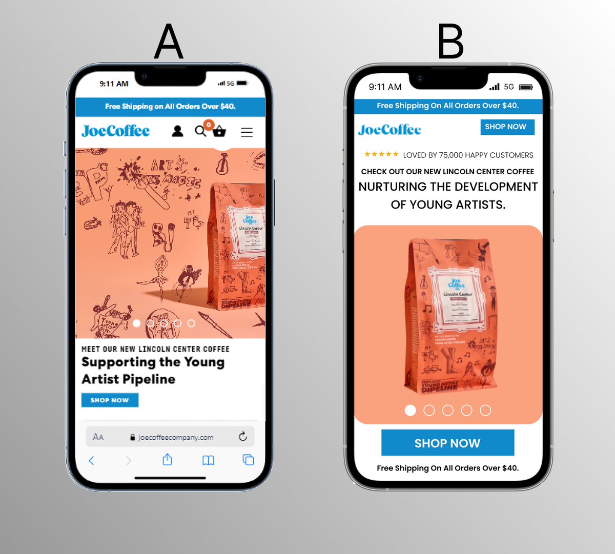 DeborahAkanmu's tweet photo. This is how I would optimize joecoffee mobile view  with a landing page:
Which would you prefer A or B?
Do you have any additional suggestions for improvement?#figma #MobileOptimization #LandingPage #UserExperience #CTA #JoeCoffee #ConversionRate #WebDesign #joecoffee @figma https://t.co/fs4HHxwEt6