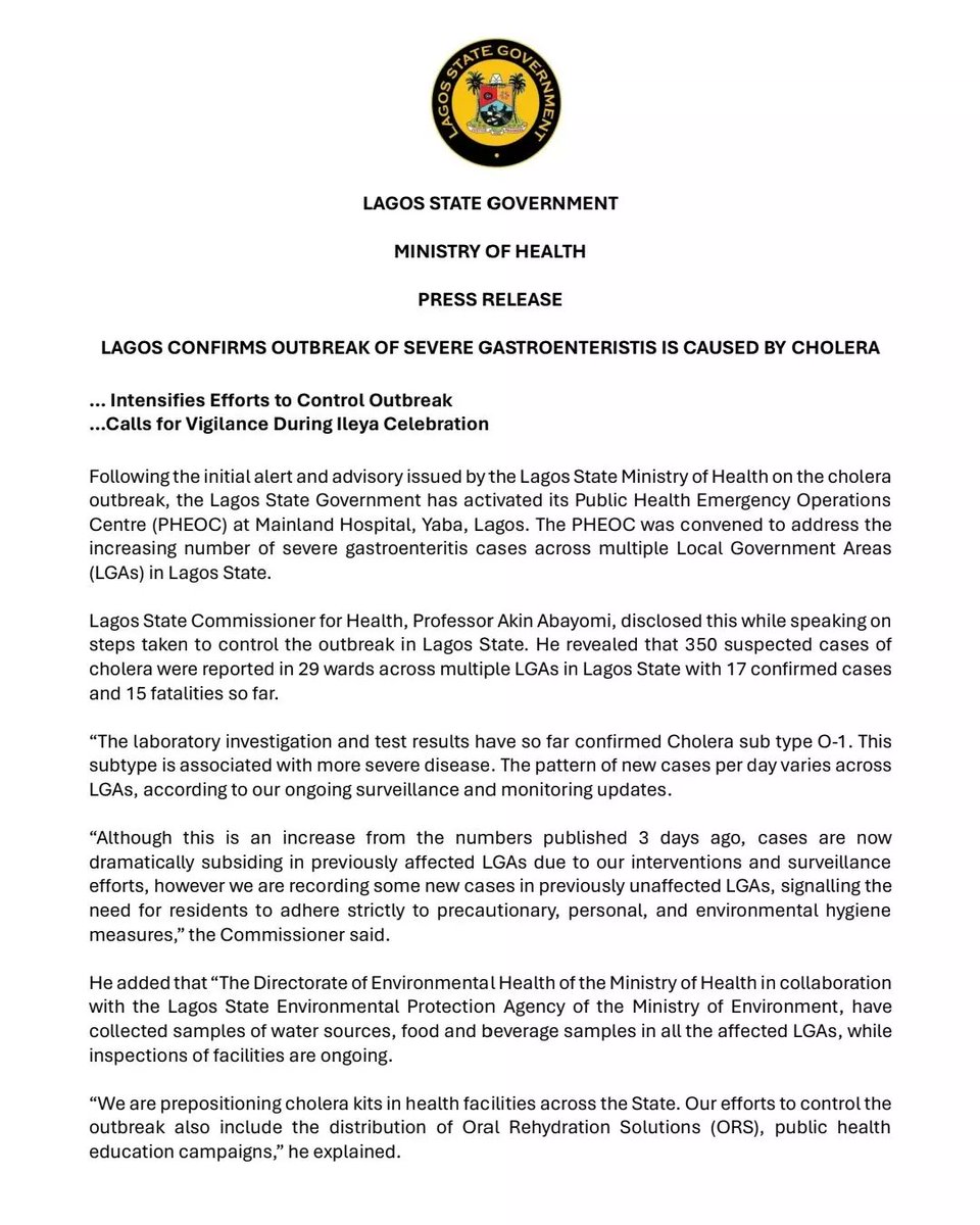 ProfAkinAbayomi's tweet photo. Lagos confirms outbreak of severe  gastroenteristis is caused by cholera.

To contain the outbreak, the Public  Health Emergency Operations Center (EOC) is activated and  residents are enjoined to support government effort by adhering to personal, and environmental hygiene. https://t.co/t0sHPxok36