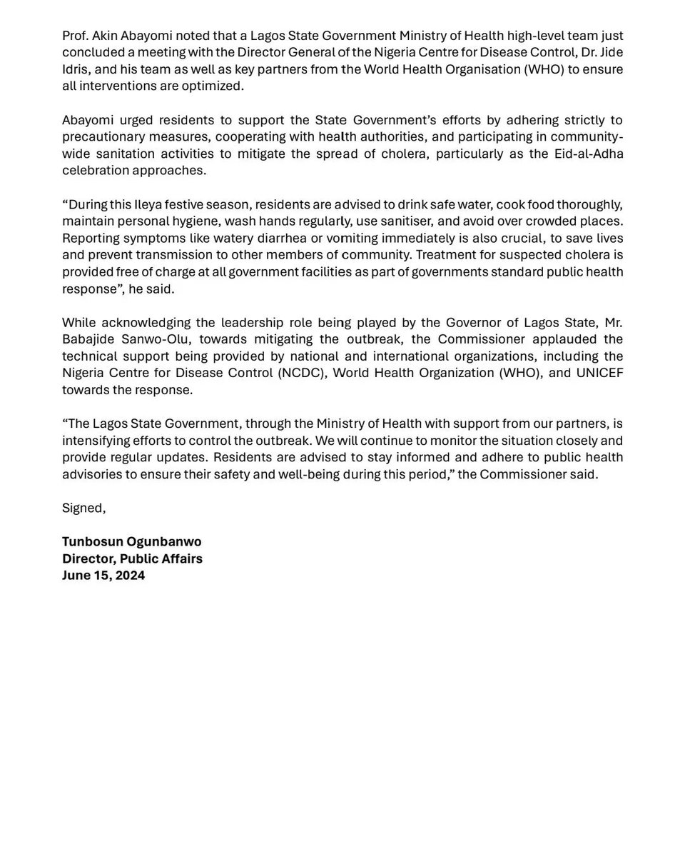 ProfAkinAbayomi's tweet photo. Lagos confirms outbreak of severe  gastroenteristis is caused by cholera.

To contain the outbreak, the Public  Health Emergency Operations Center (EOC) is activated and  residents are enjoined to support government effort by adhering to personal, and environmental hygiene. https://t.co/t0sHPxok36