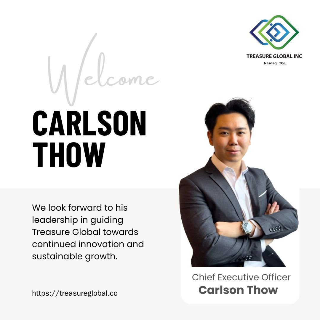 We are excited to announce the appointment of Mr. Carlson Thow as the new Chief Executive Officer of Treasure Global Inc (NASDAQ: TGL). Welcome, Carlson!

Read more: ir.treasureglobal.co/press-releases…

#TGL #CEOOnBoard