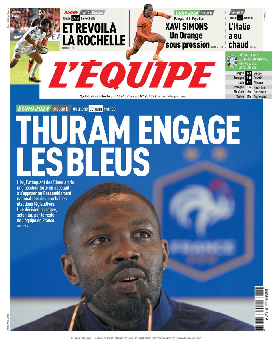 Merci <a href="/lequipe/">L'Équipe</a> pour cette UNE, <a href="/vincentduluc/">vincent duluc</a> pour son édito “Un pour tous” et <a href="/MarcusThuram/">Marcus Thuram</a> pour ses propos :

« La situation est très, très grave. (…) C’est la triste réalité de notre société aujourd’hui. Il y a des messages véhiculés tous les jours à la télé pour aider ce