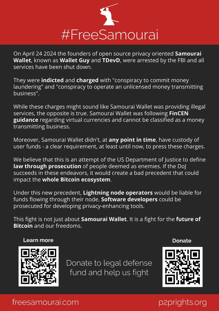 RMessitt's tweet image. After my talk @BTCPrague quite a few people wanted to donate some #bitcoin to help me out. 

I really appreciate it 🧡 but instead could I please encourage you to donate to the Samourai defence fund. 

These guys need our support. Privacy is not a crime 

#freesamourai