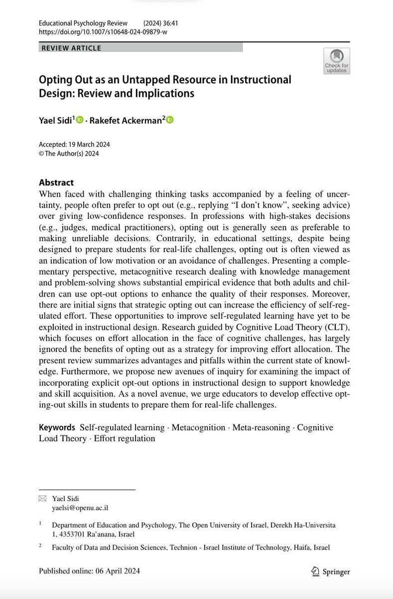 TeacherToolkit's tweet photo. 🚀  NEW BLOG

🤔  Why should teachers encourage students to 'opt-out' during questioning?

Quite a radical U-turn during questioning!

🔗  https://t.co/yrI3wKVFaD

🗣️  Strategic opting out can improve learning accuracy and teach students how to manage their cognitive load. https://t.co/9AZoRNrTI4