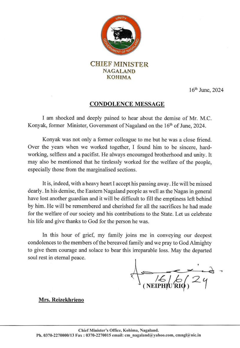 Neiphiu_Rio's tweet photo. Deepest condolences to the family of Mr. M.C. Konyak, former Minister, Government of Nagaland. May the departed soul rest in eternal peace. https://t.co/TPAXjJBmiL