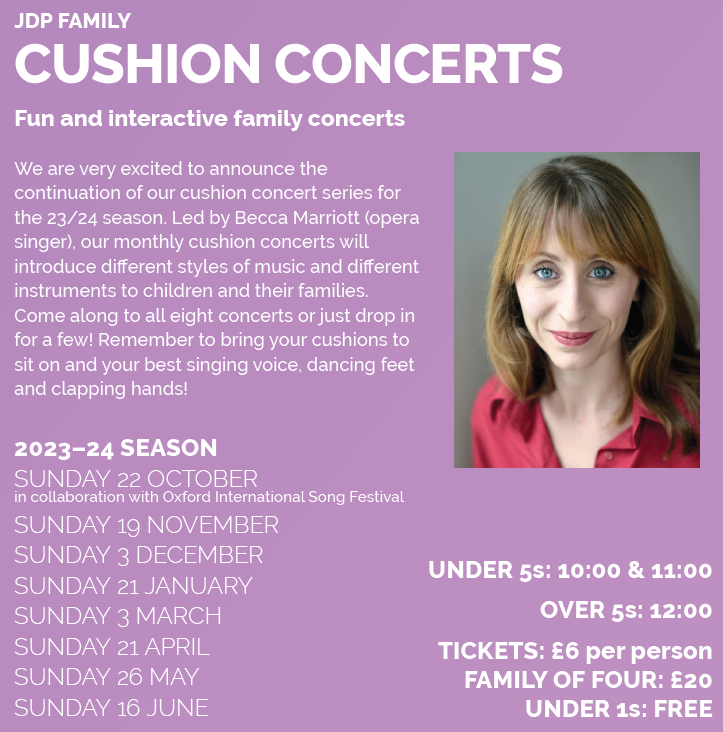 It is our final Cushion Concert of the season today! 

If you are in Oxford and looking for a fun family concert, come to the JdP at 10am, 11am or 12pm

Tickets available on the door!

£6 per person / £20 family of four / under 1s free
st-hildas.ox.ac.uk/jdp-music-buil…