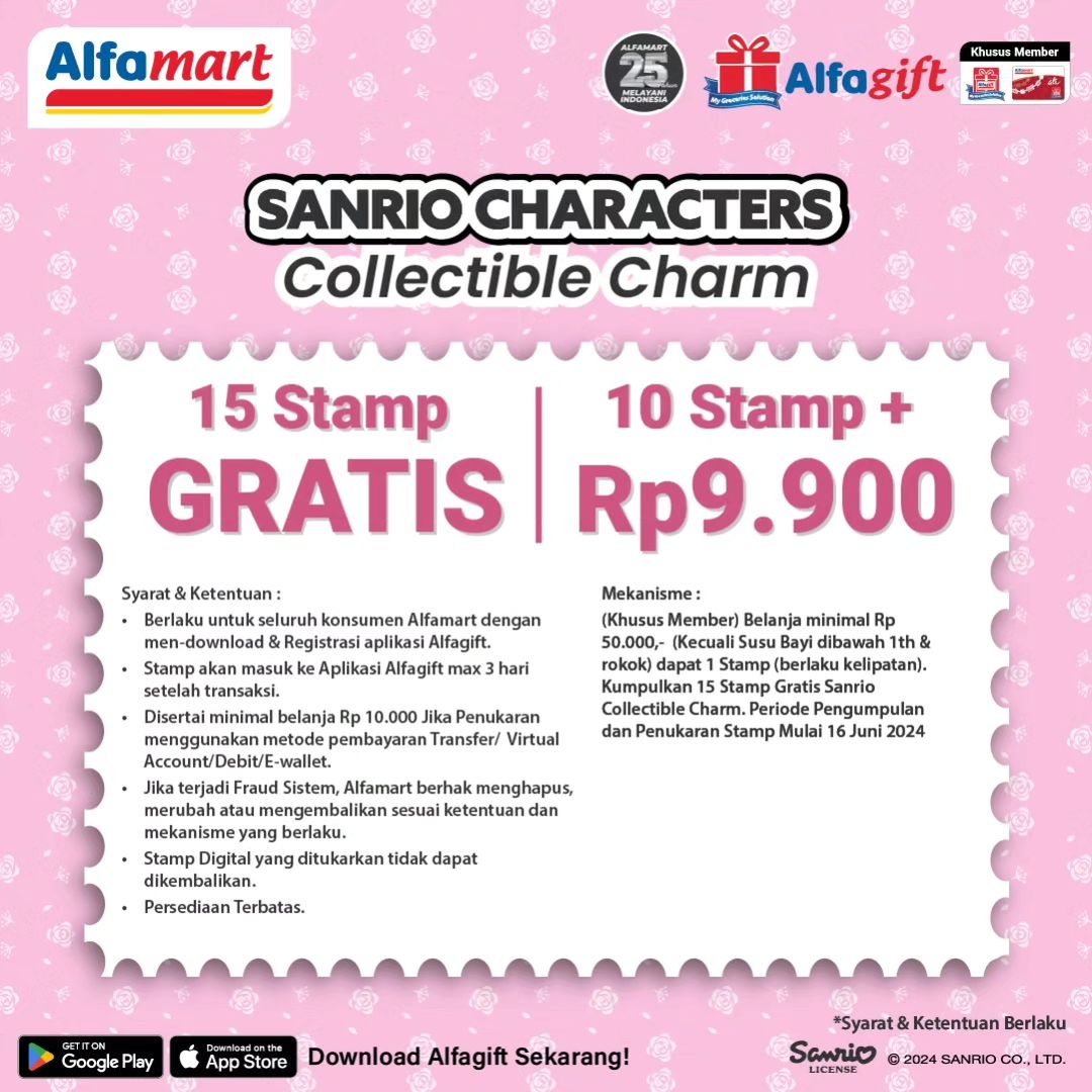 RacunBelanja's tweet photo. Alfamart Sanrio Characters Collectible Charm
🗓️ Mulai 16 Juni 2024

Belanja minimal Rp50.000 akan mendapatkan 1 Stamp (berlaku kelipatan) dan kumpulkan 15 Stamp untuk mendapatkan GRATIS produk Sanrio Character atau 10 Stamp + Rp9.900 https://t.co/3lxyi94Q4h