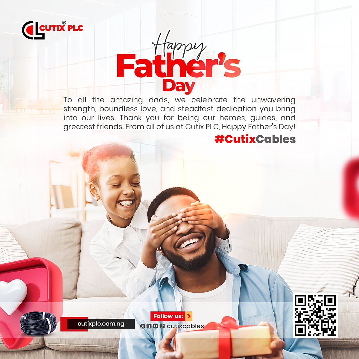 Cutixcables's tweet photo. Happy Father's Day to the amazing men who lift us, inspire us, teach us, and love us unconditionally! Thank you for all you do.
☎️: +2347046236426
🌐: https://t.co/Uv1TdRA0Ep
📧: info@cutixplc.com.ng
#FathersDay #CutixPlc #dads #fathers #ExclusiveQuality #CutixCables https://t.co/OE23HBhzI6