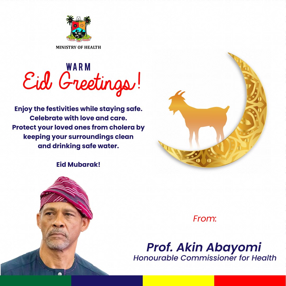 LSMOH's tweet photo. Eid al-Adha Mubarak!

As we celebrate, let’s also take care of our health. 
👉🏽 Wash your hands with soap and water
👉🏽 Boil water before drinking
👉🏽 Protect food from flies
👉🏽 Cook food properly
👉🏽 Dispose of waste properly.

Take responsibility for your health Stay safe, Lagos! https://t.co/M86ECSRadC